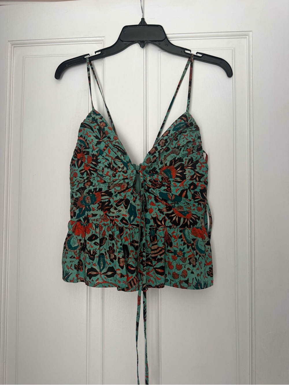 Ulla Johnson Teal Floral Tie-Front Spaghetti Strap Camisole